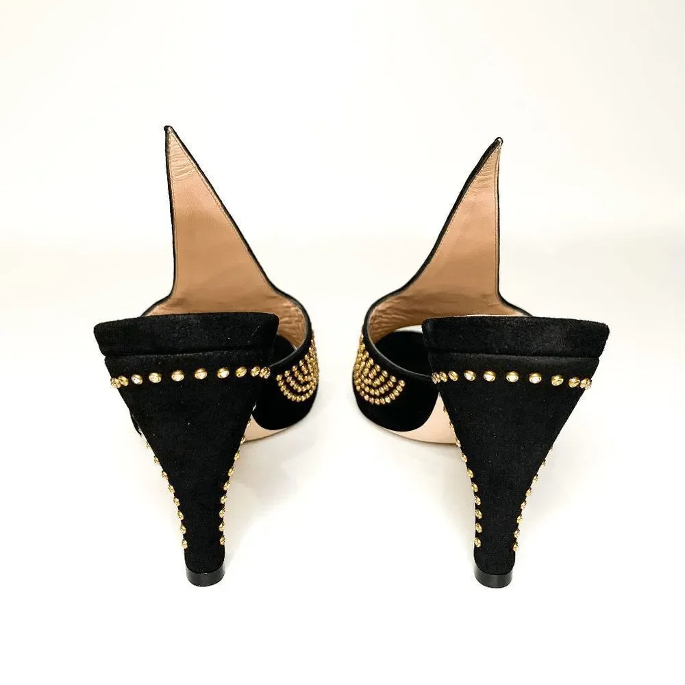 Gucci Fedra Crystal Embellished High Heel Mules EU 39.5 US 9.5 Black Suede Pumps - Picture 7 of 11